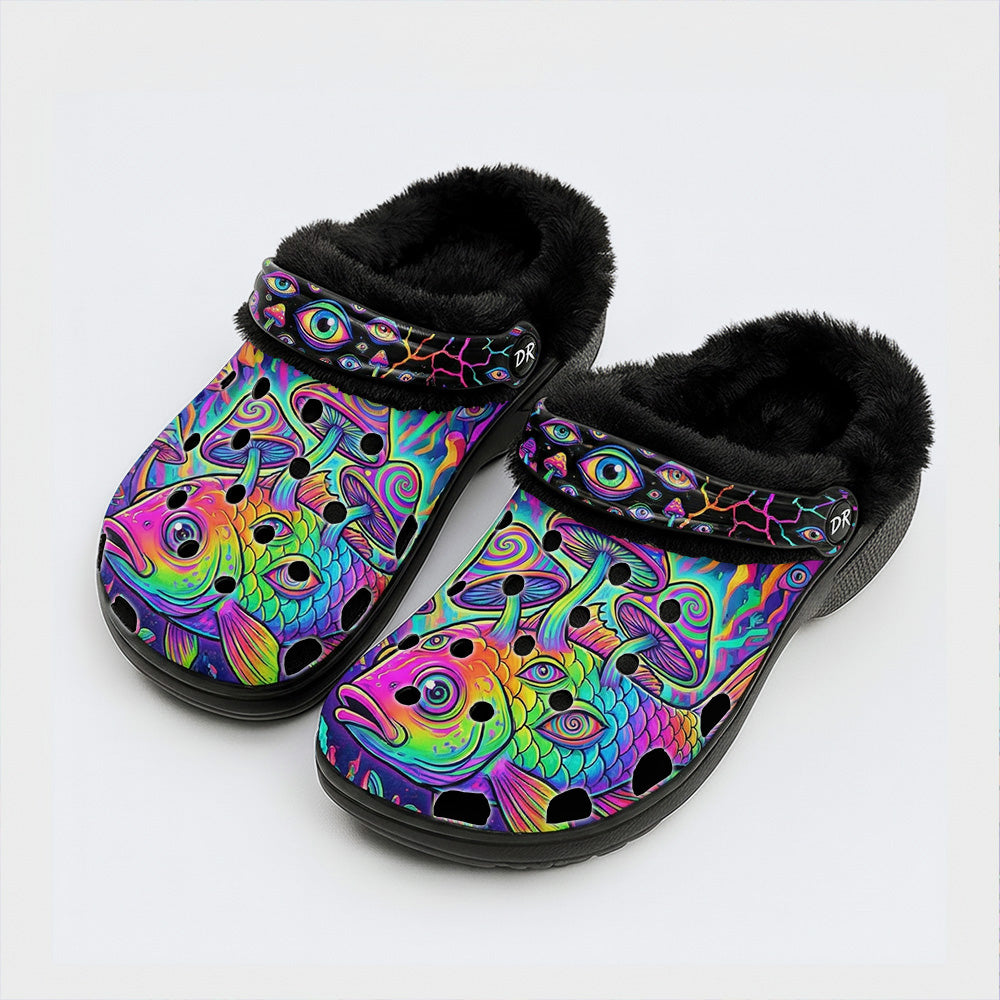Psychedelic Neon Mushroom Fish Print Fleece-Lined Clogs