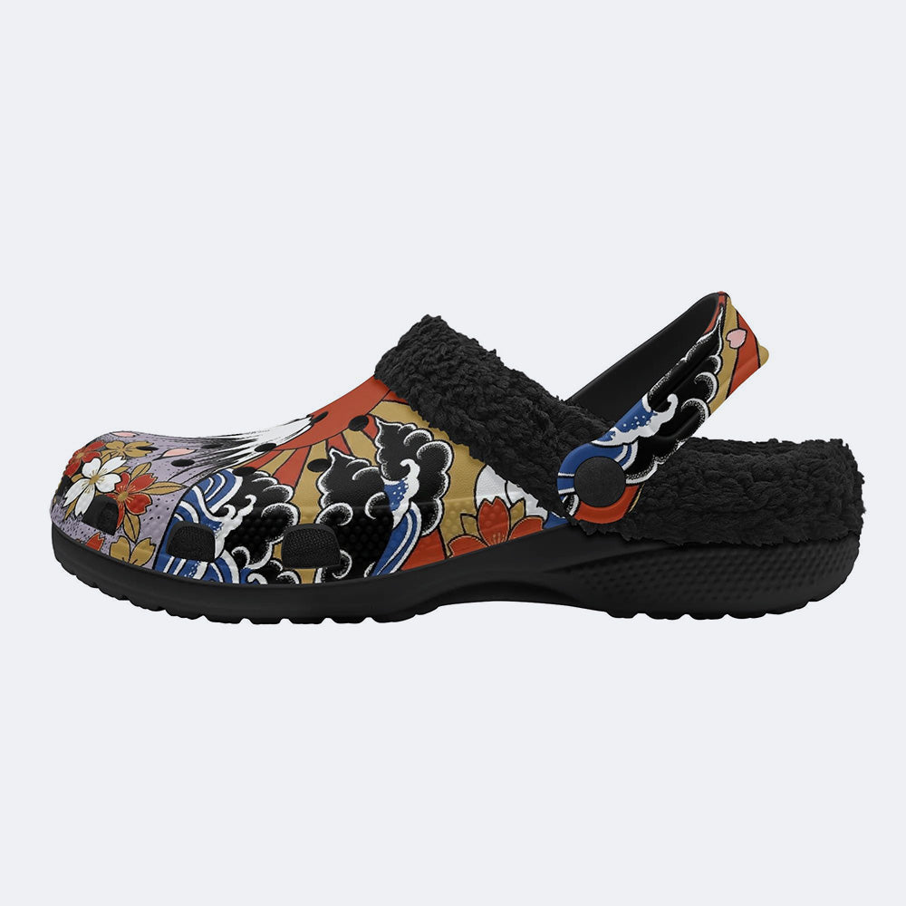 Irezumi Mount Fuji & Cherry Blossoms & Sun Wheel Print Fleece-Lined Clogs