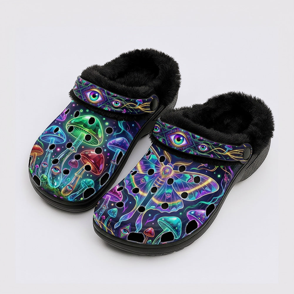 Psychedelic Mushroom Forest Moth Print Fleece-Lined Clogs