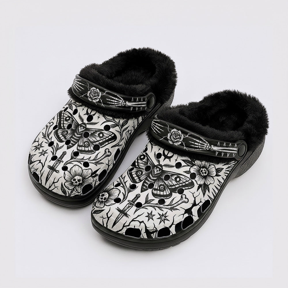 Death Moth & Skull Flower Print Fleece-Lined Clogs