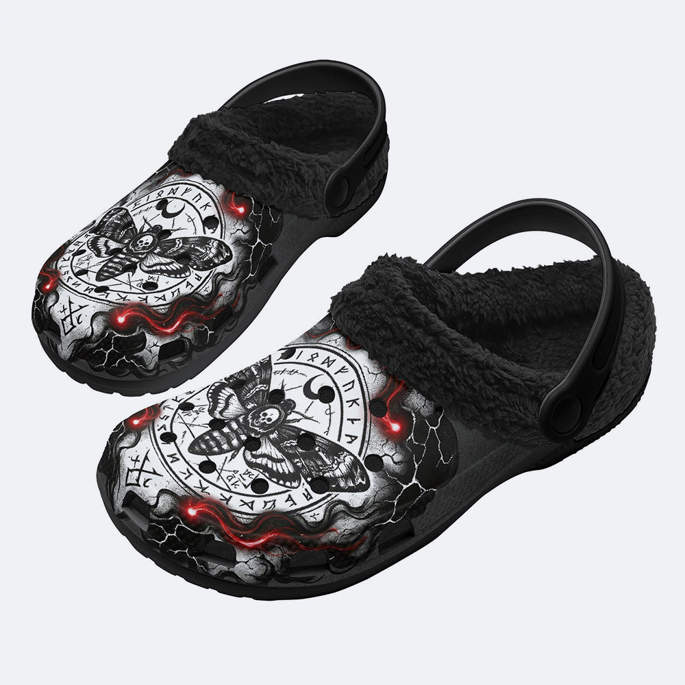 Dark Magic Death Moth Print Fleece-Lined Clogs