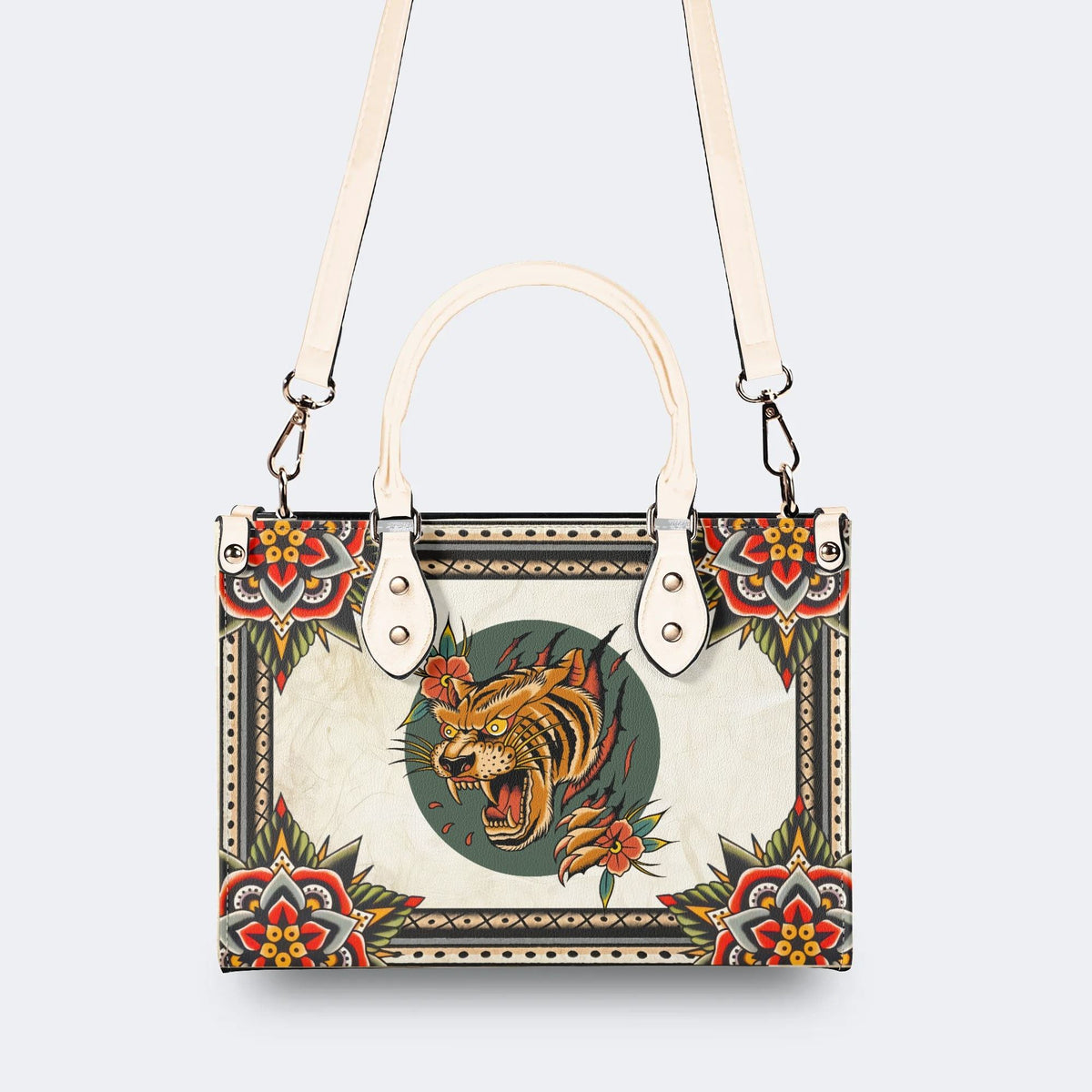 Tiger And Tiger Paw Print - Leather Handbag