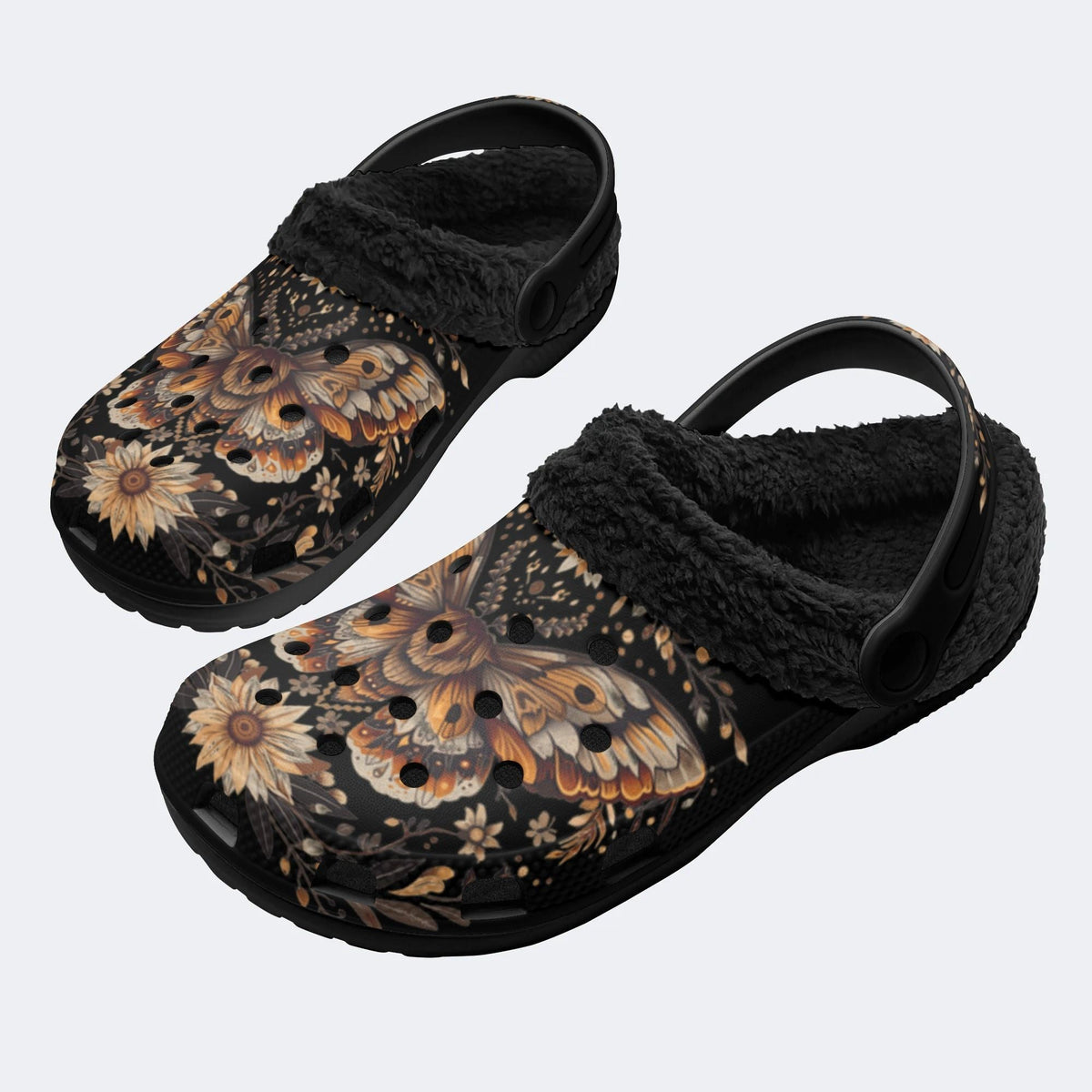 Vintage Moth Floral Print - Fur Lined Slippers/Sandals
