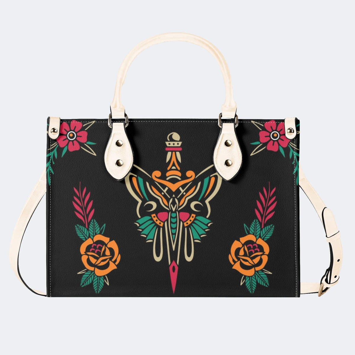 Sword And Moth Print - Leather Handbag