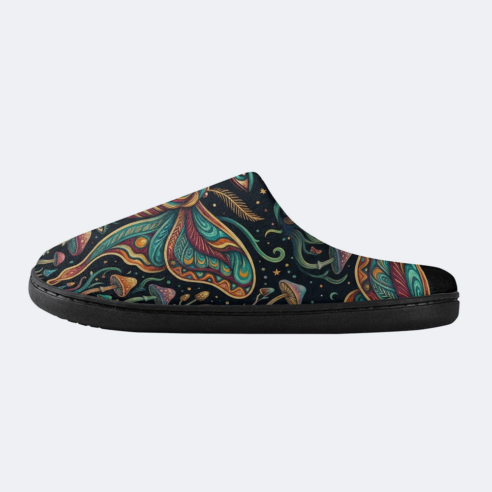 Psychedelic Mushroom Forest Moth Retro Print Fleece-Lined Slippers