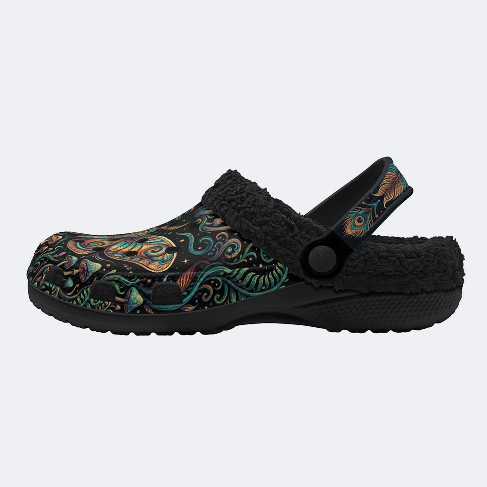 Psychedelic Mushroom Forest Moth Retro Print Fleece-Lined Clogs