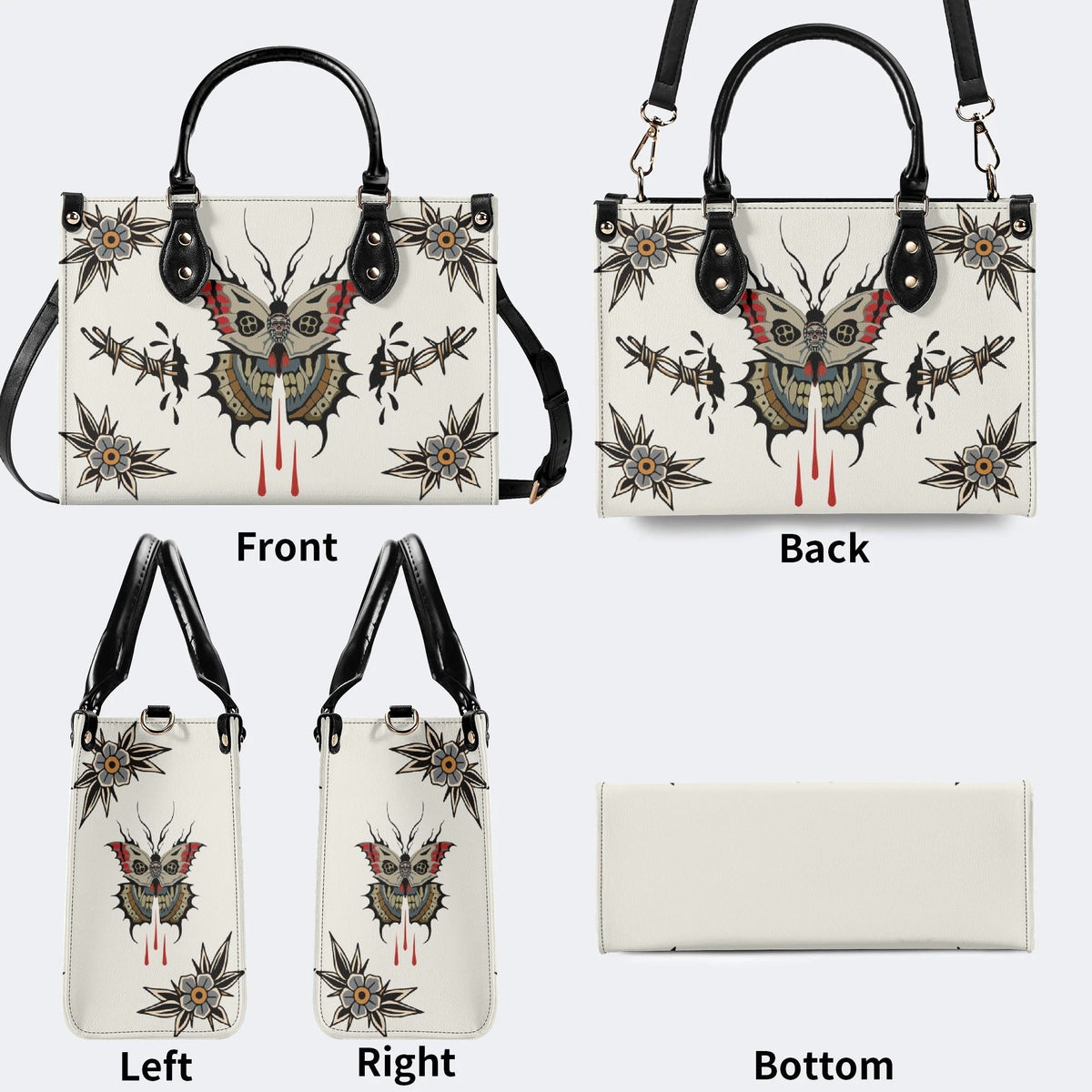 Death Moth And Flowers - Leather Handbag