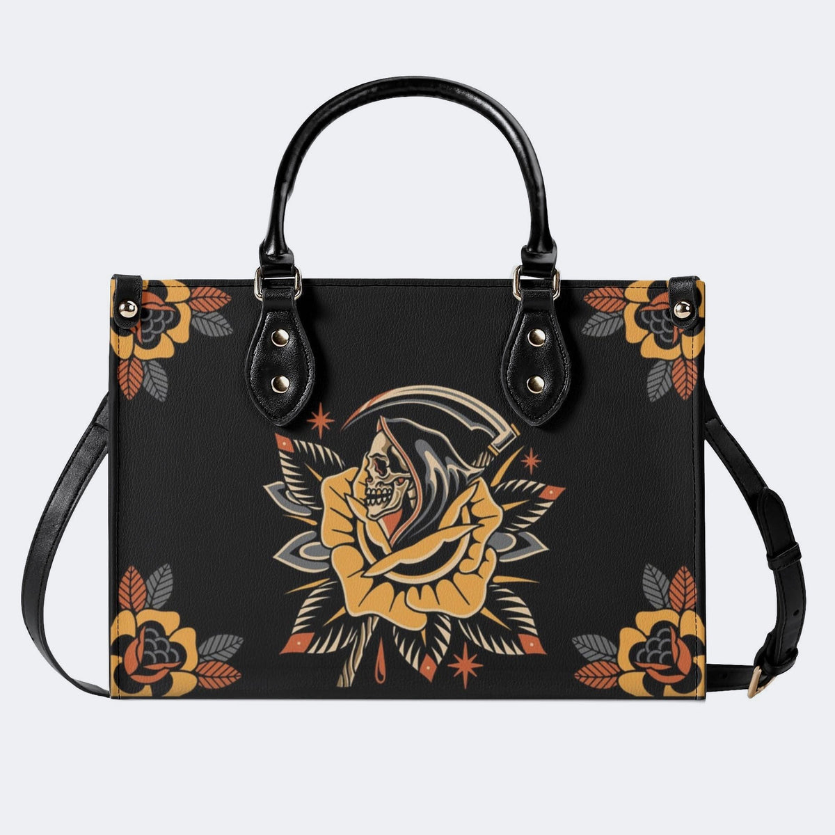Grim Reaper Flowers Print - Leather Handbag