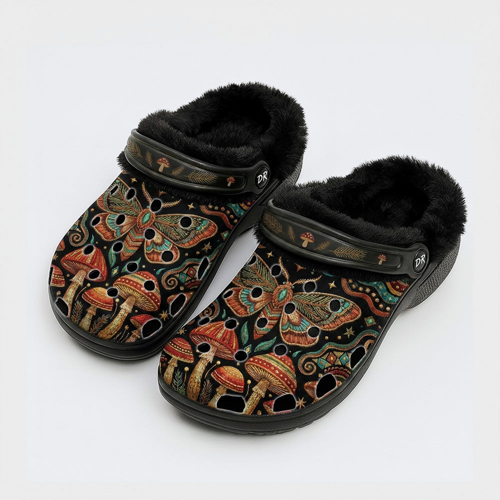 Pine Branch Moth Mushroom Print Fleece-Lined Clogs
