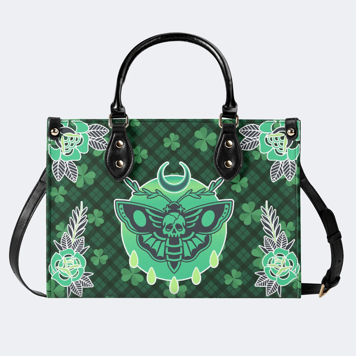Green Plaid Death Moth - Leather Handbag