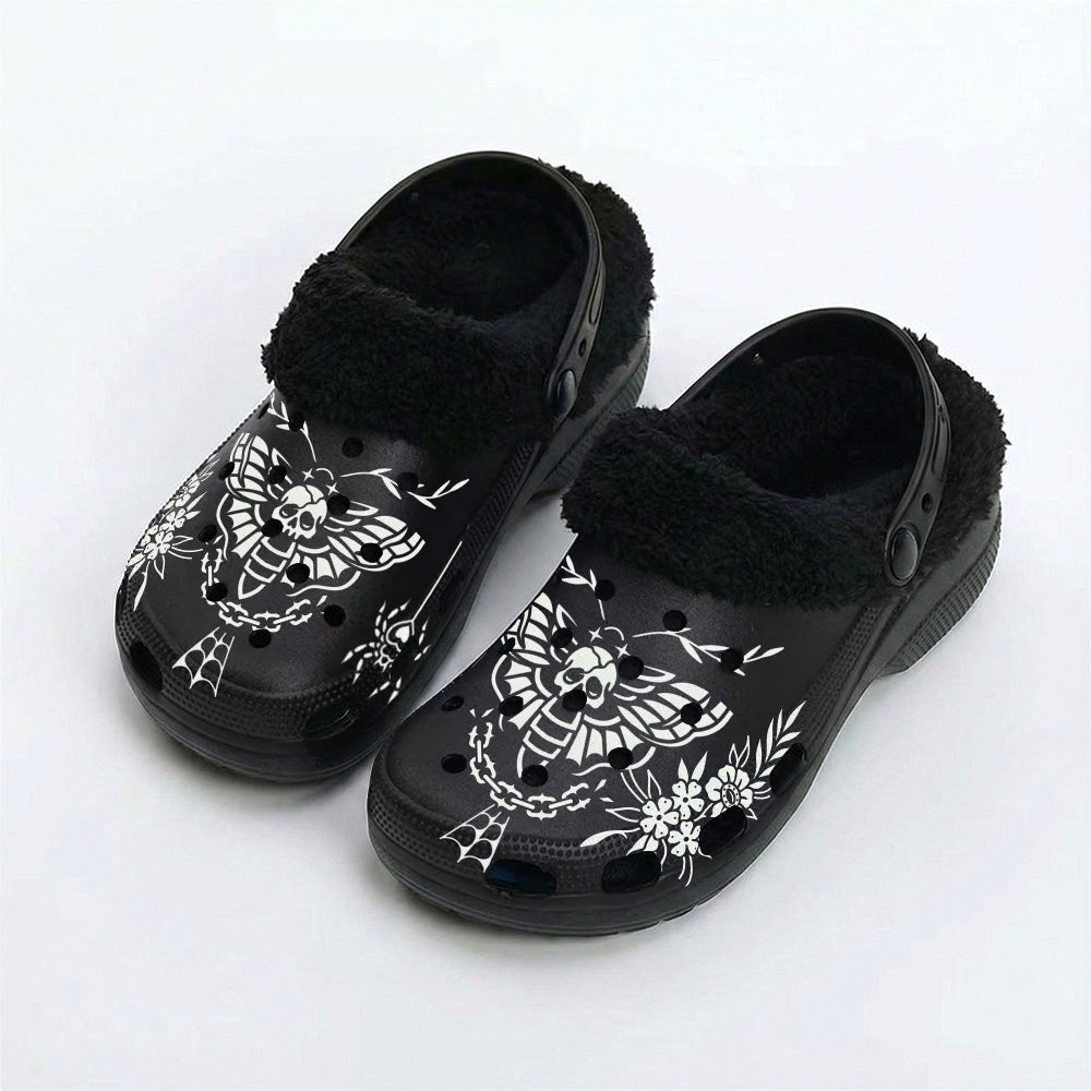 Death Moth Retro Print - Fur Lined Slippers/Sandals
