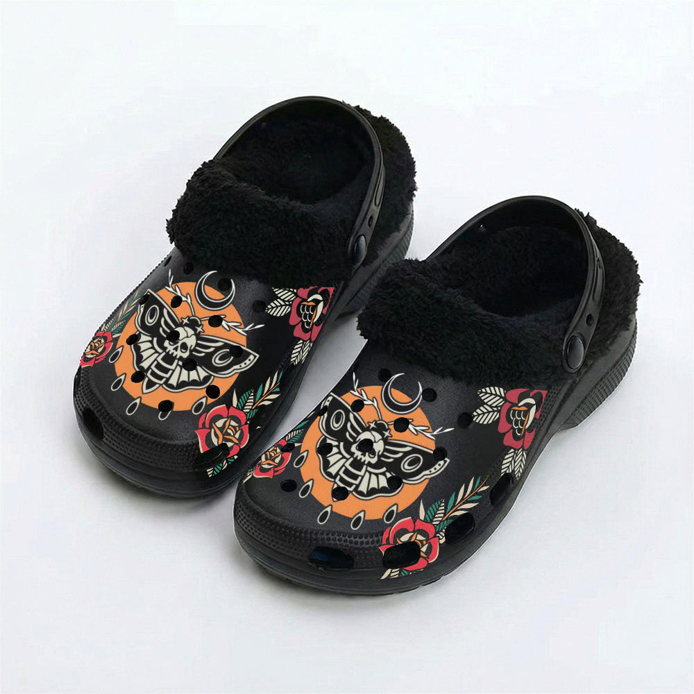 Death Moth Retro Print - Fur Lined Slippers/Sandals